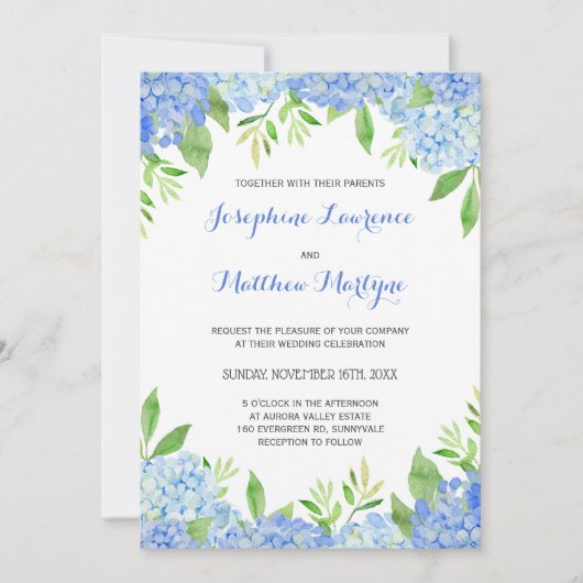 Blue Hydrangea Floral Greenery Wedding Kaart (Voorkant)