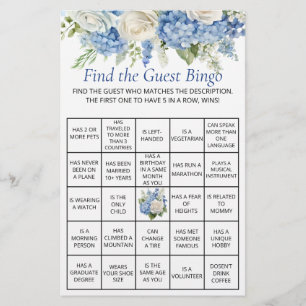 Blue Hydrangea Floral Guest Bingo Baby shower Game Flyer
