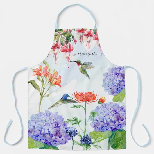 Blue Hydrangea Floral Hummingbird Mimis Garden Art Schort (Voorkant)