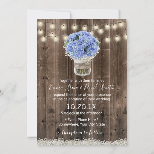 Blue Hydrangea Floral Jar Rustic Barn Wood Wedding Kaart (Voorkant)