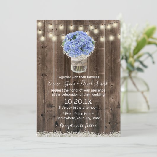 Blue Hydrangea Floral Jar Rustic Barn Wood Wedding Kaart (Staand voorkant)