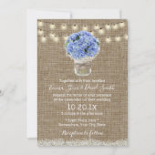 Blue Hydrangea Floral Jar Rustic Burlap Wedding Kaart (Voorkant)