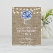 Blue Hydrangea Floral Jar Rustic Burlap Wedding Kaart (Staand voorkant)