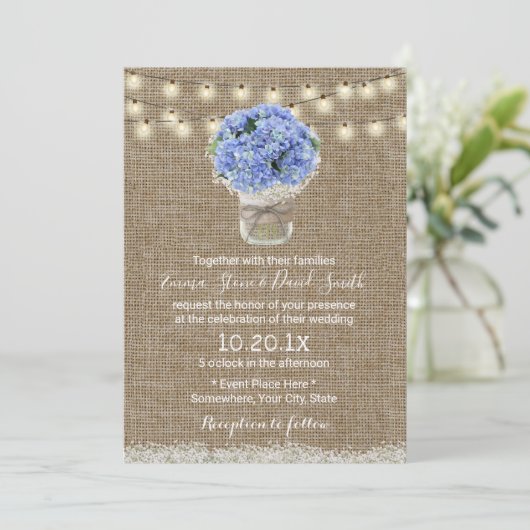 Blue Hydrangea Floral Jar Rustic Burlap Wedding Kaart (Staand voorkant)