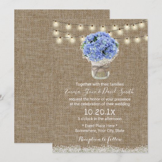 Blue Hydrangea Floral Jar Rustic Burlap Wedding Kaart (Voorkant / Achterkant)