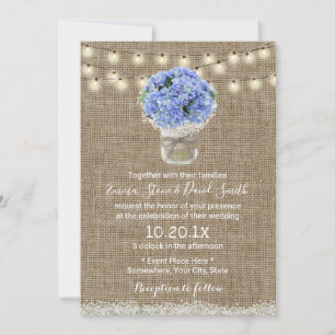 Blue Hydrangea Floral Jar Rustic Burlap Wedding Kaart