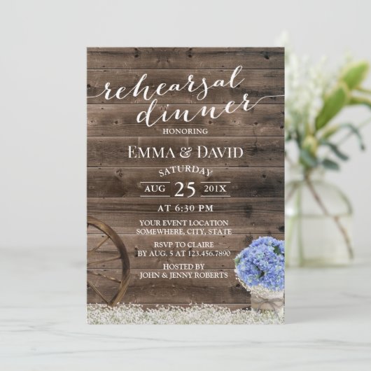 Blue Hydrangea Floral Jar Rustic Dinner Kaart (Staand voorkant)