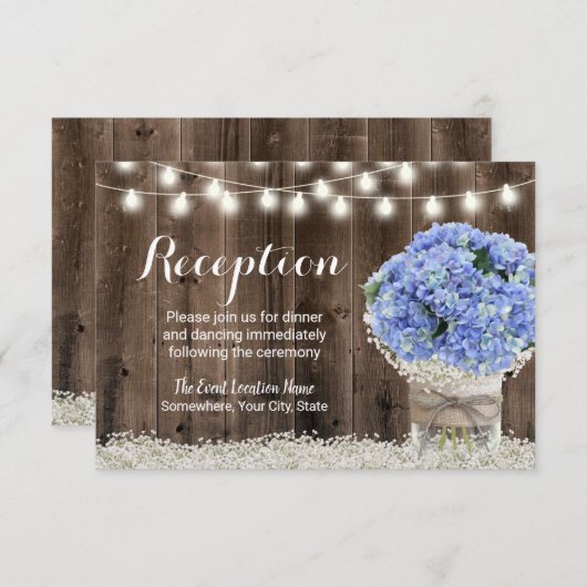 Blue Hydrangea Floral Jar Rustic Wedding Reception Kaart (Voorkant / Achterkant)