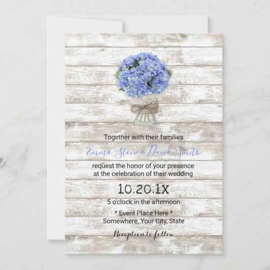 Blue Hydrangea Floral Jar Rustic Wood Wedding Kaart (Voorkant)