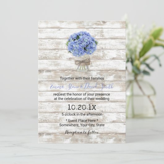 Blue Hydrangea Floral Jar Rustic Wood Wedding Kaart (Staand voorkant)