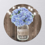 Blue Hydrangea Floral Jar Rustic Wood Wedding Ronde Sticker<br><div class="desc">Blue Hydrangea Floral Jar Rustic Wood Wedding Stickers.</div>
