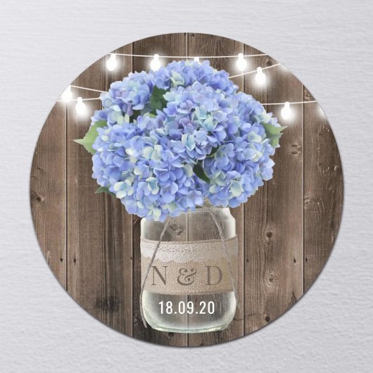 Blue Hydrangea Floral Jar Rustic Wood Wedding Ronde Sticker