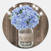 Blue Hydrangea Floral Jar Rustic Wood Wedding Ronde Sticker (Voorkant)