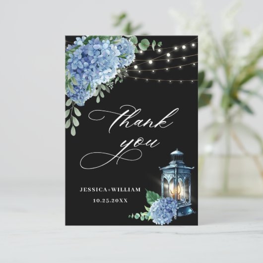 Blue Hydrangea Floral Lantern Black Boho Wedding Bedankkaart (Staand voorkant)