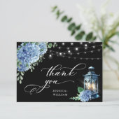 Blue Hydrangea Floral Lantern Black Boho Wedding Bedankkaart (Staand voorkant)