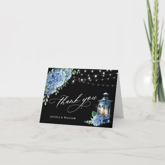 Blue Hydrangea Floral Lantern Black Boho Wedding Bedankkaart (Voorkant)