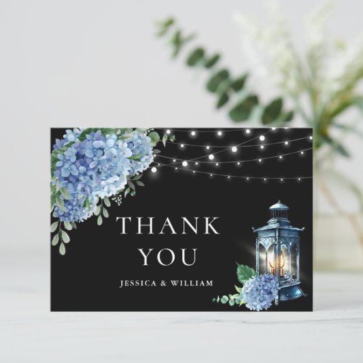 Blue Hydrangea Floral Lantern Black Boho Wedding Bedankkaart (Staand voorkant)