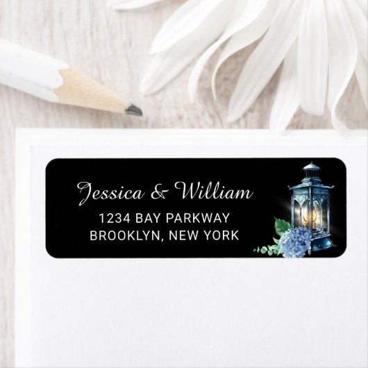 Blue Hydrangea Floral Lantern Black Boho Wedding Etiket (Insitu)