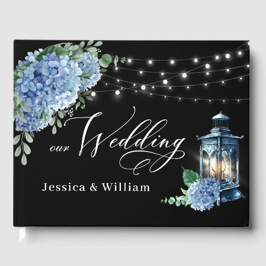 Blue Hydrangea Floral Lantern Black Boho Wedding Gastenboek (Voorkant)