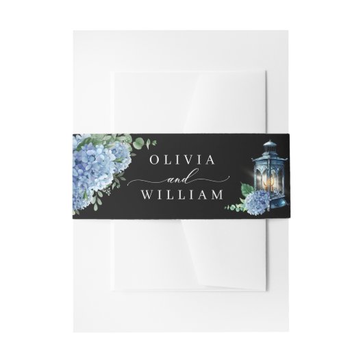 Blue Hydrangea Floral Lantern Black Boho Wedding Uitnodigingen Wikkel (Voorkant Voorbeeld)