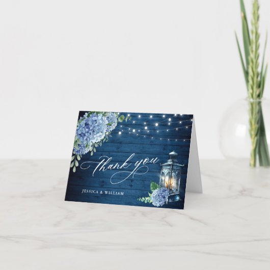Blue Hydrangea Floral Lantern Navy Wood Wedding Bedankkaart (Voorkant)