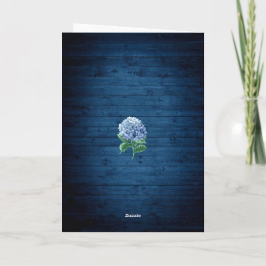 Blue Hydrangea Floral Lantern Navy Wood Wedding Bedankkaart (Achterkant)