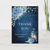 Blue Hydrangea Floral Lantern Navy Wood Wedding Bedankkaart (Voorkant)