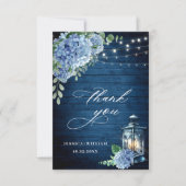 Blue Hydrangea Floral Lantern Navy Wood Wedding Bedankkaart (Voorkant)