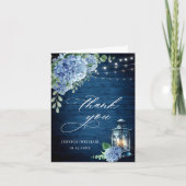 Blue Hydrangea Floral Lantern Navy Wood Wedding Bedankkaart (Voorkant)