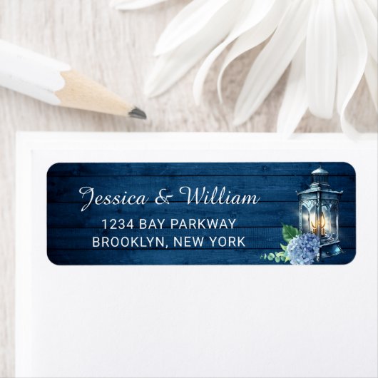Blue Hydrangea Floral Lantern Navy Wood Wedding Etiket (Insitu)