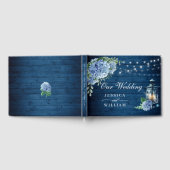 Blue Hydrangea Floral Lantern Navy Wood Wedding Gastenboek (Volledig)
