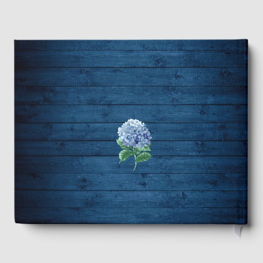 Blue Hydrangea Floral Lantern Navy Wood Wedding Gastenboek (Achterkant)