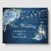 Blue Hydrangea Floral Lantern Navy Wood Wedding Gastenboek (Voorkant)