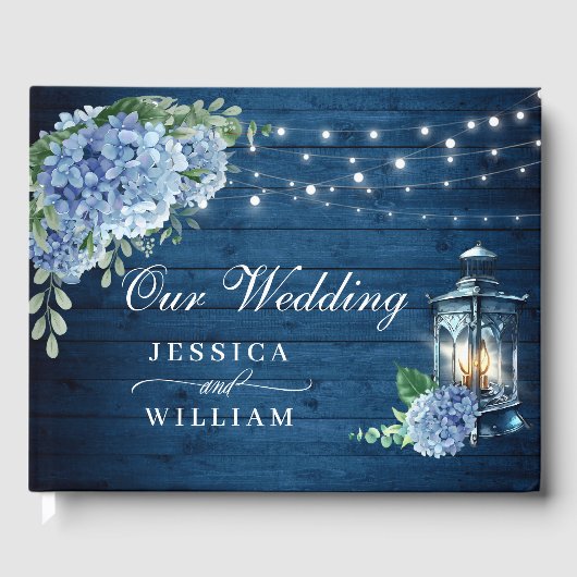 Blue Hydrangea Floral Lantern Navy Wood Wedding Gastenboek (Voorkant)
