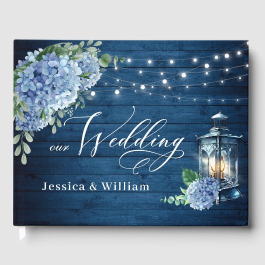 Blue Hydrangea Floral Lantern Navy Wood Wedding Gastenboek (Voorkant)