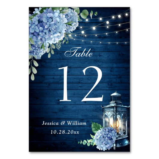 Blue Hydrangea Floral Lantern Navy Wood Wedding Kaart (Achterkant)