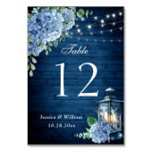 Blue Hydrangea Floral Lantern Navy Wood Wedding Kaart (Voorkant)