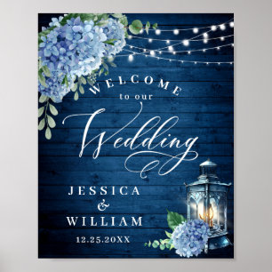 Blue Hydrangea Floral Lantern Wood Welkom Weduwsch Poster