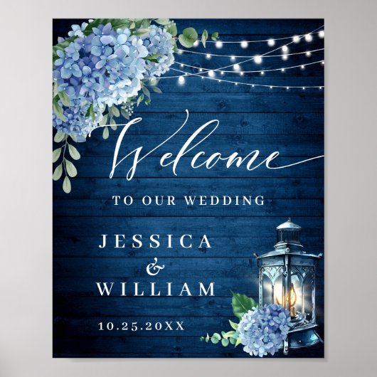 Blue Hydrangea Floral Lantern Wood Welkom Weduwsch Poster (Voorkant)