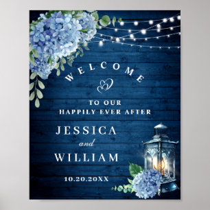Blue Hydrangea Floral Lantern Wood Welkom Weduwsch Poster