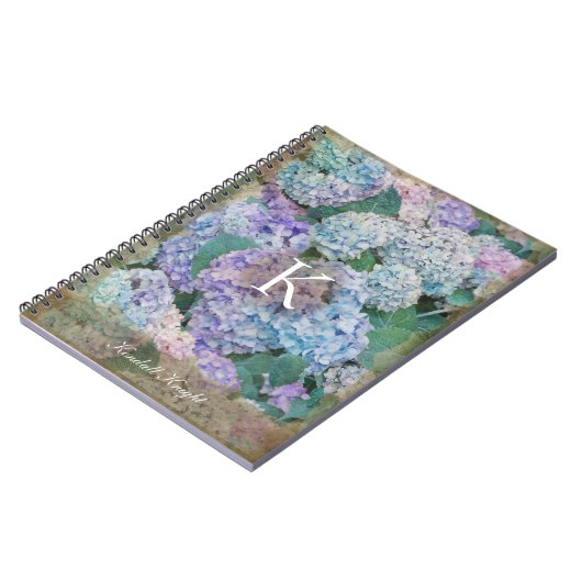 Blue Hydrangea Floral Monogram Naam Notitieboek (Linkerzijde)