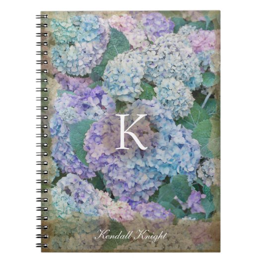  Blue Hydrangea Floral Monogram Naam Notitieboek (Voorkant)