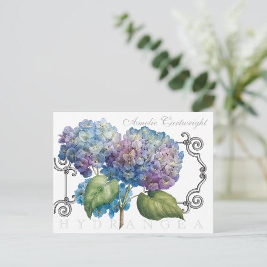 Blue Hydrangea Floral Monogrammed Name Briefkaart (Staand voorkant)
