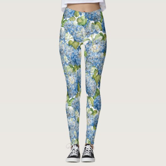 Blue Hydrangea Floral Pattern Leggings (Voorkant)