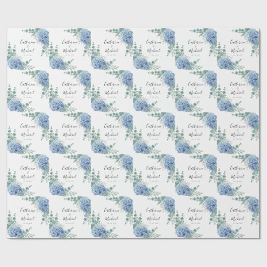 Blue Hydrangea Floral Personalized Wedding  Cadeaupapier (Vlak)