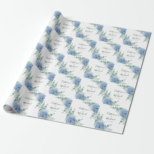 Blue Hydrangea Floral Personalized Wedding  Cadeaupapier (Uitgerold)