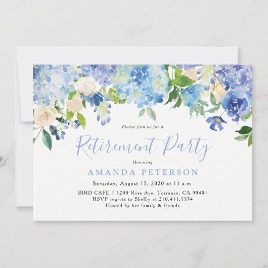 Blue Hydrangea Floral Retirement Party Invitation Kaart (Voorkant)