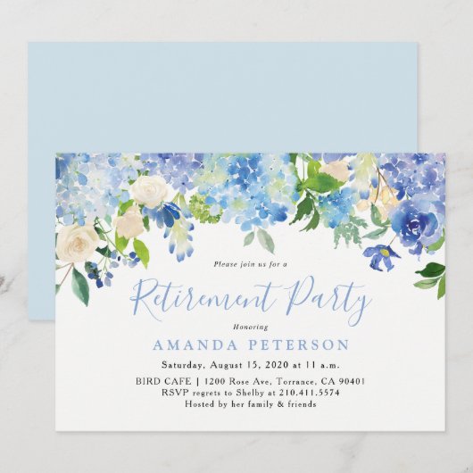 Blue Hydrangea Floral Retirement Party Invitation Kaart (Voorkant / Achterkant)