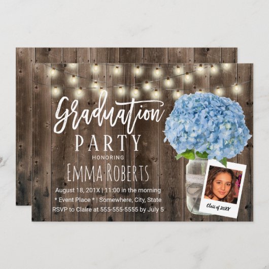 Blue Hydrangea Floral Rustic Wood Foto Afstuderen Kaart (Voorkant / Achterkant)