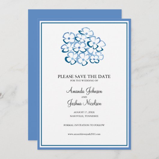 Blue Hydrangea Floral Save the Date (Voorkant / Achterkant)
